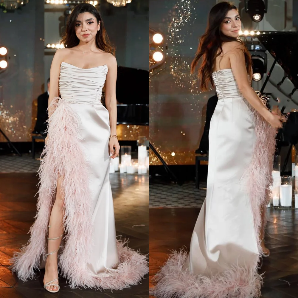 Robe de soirée de mariage en plumes plissées en satin exquises, robes longues, ligne A, sans bretelles, occasion sur mesure, haute qualité, Rotterdam Kle