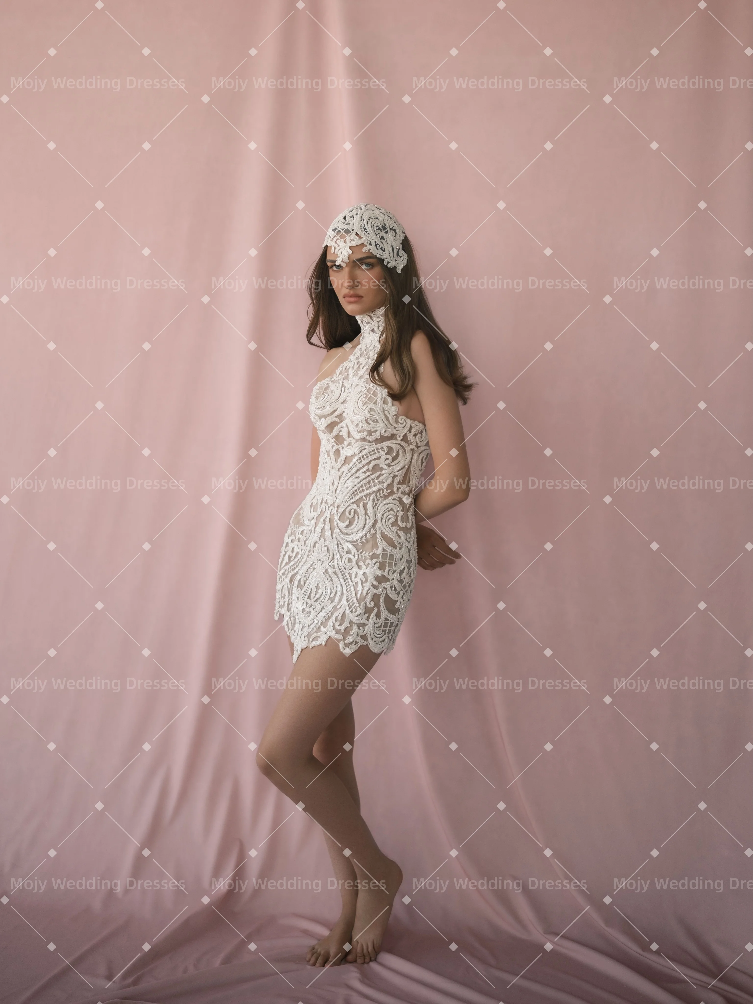 Mojy Vintage Lace Short Mermaid Wedding Dress Pleats Ball High Collar Corset Mini Bridal Gown Princess Bride Gowns Customized