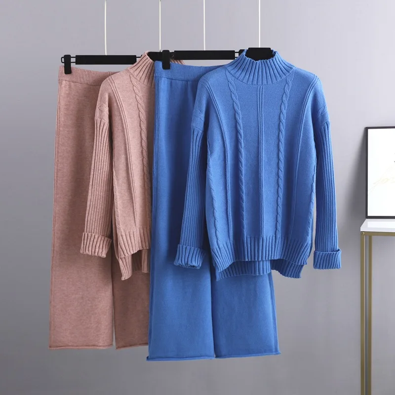 Two Piece Knit Sweater Set for Women Minimalist Tracksuit Sweater Top and Wide Leg Sets Soft Winter E1143