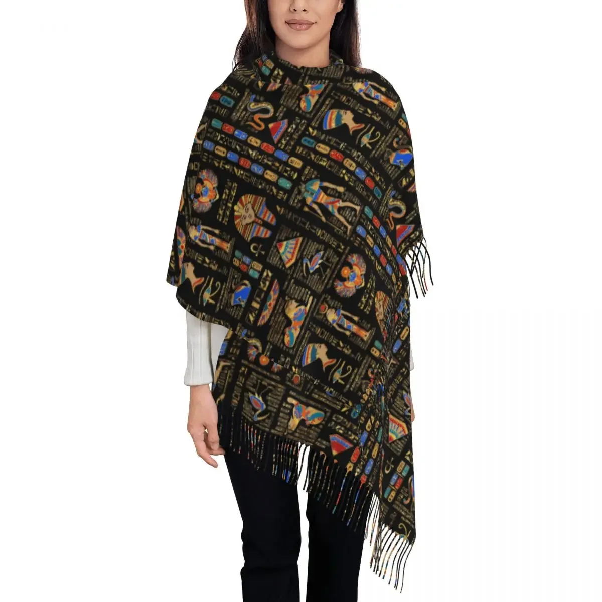 Female Long Egyptian Hieroglyphs And Deities Scarves Women Winter Thick Warm Tassel Shawl Wraps Ancient Egypt Art Scarf