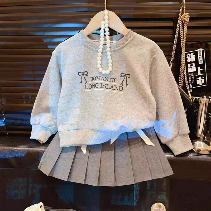 Children's Set Girls' Set Round Neck Long Sleeved Sweatshirt with Bow and Pleated Skirt Campus Style Spring and Autumn Outfit