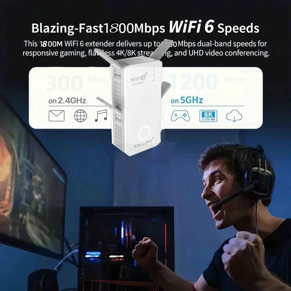 픽스링크 WiFi 6 AX1800 리피터 확장기 신호 증폭기 듀얼 밴드 2.4G/5GHz Wi-Fi 신호 증폭기 장거리 네트워크 간편 설정