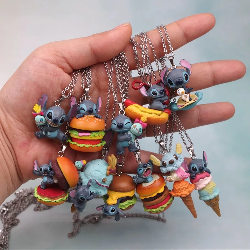 Creative Cartoon Stitch Series Pendant Ornament Accessories Hold A Burger Ice Cream Stitch Miniature Action Figures Necklace