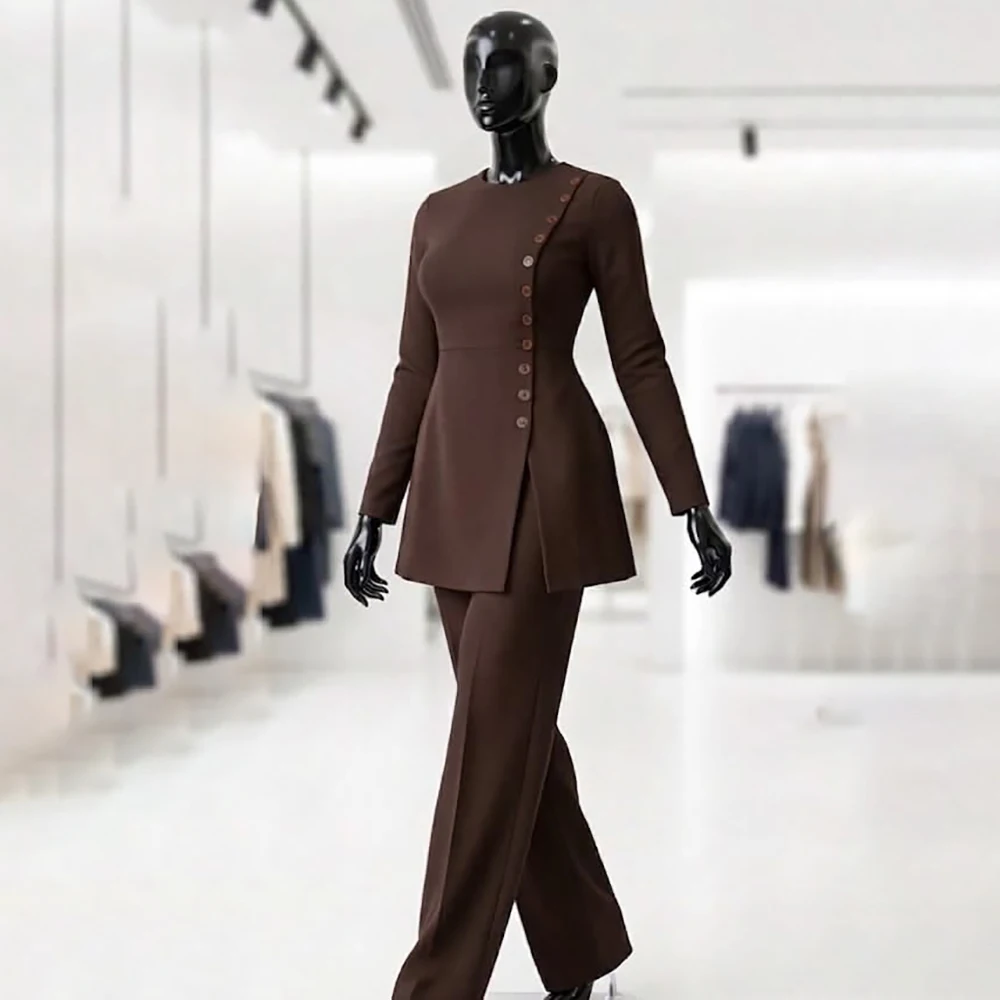 High Chic Single Breasted O-neck Women's Suits Luxury Brown 2 Piece Jacket+Pants Set Formal Clothing Costume Dinner Party Outfit