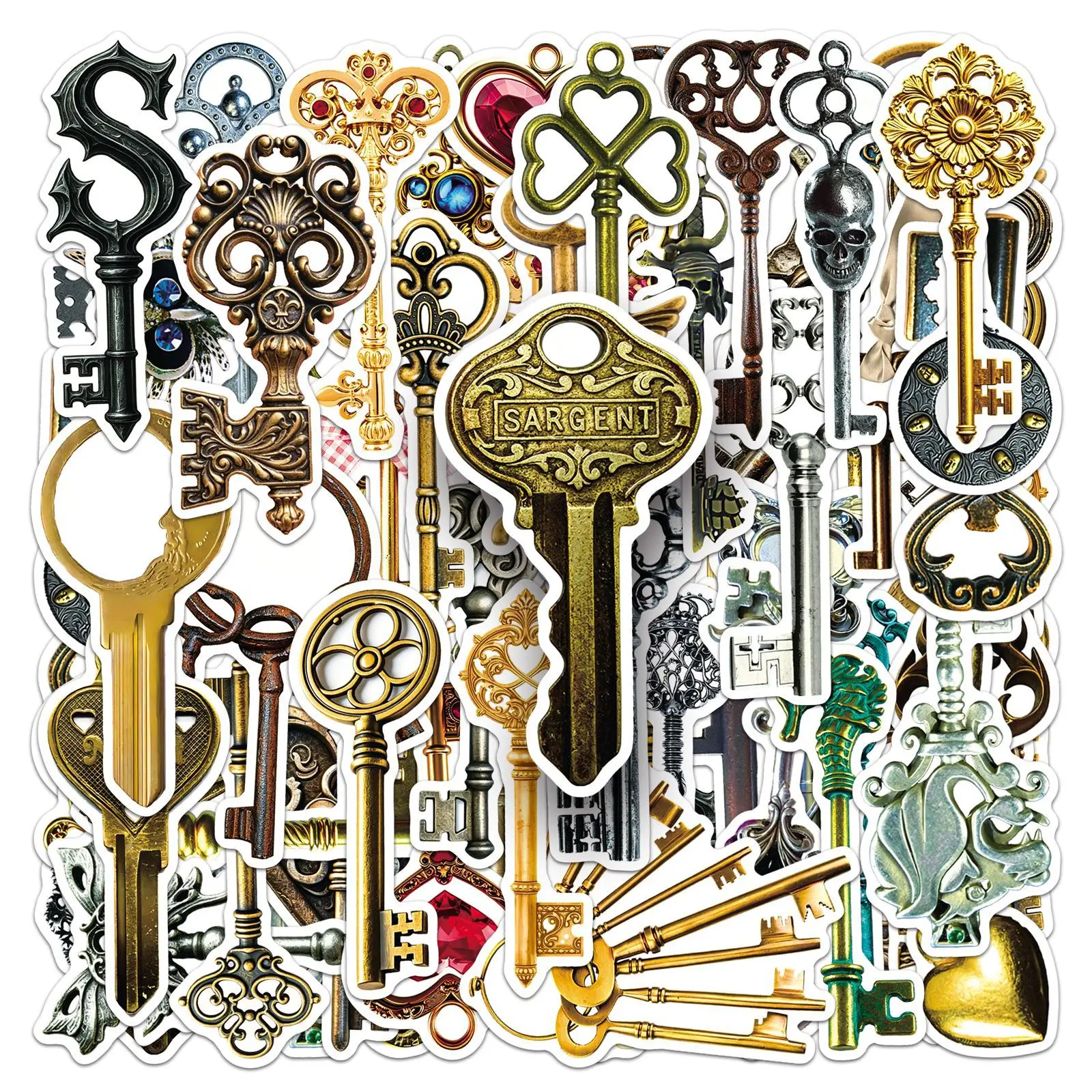 50 PCS Nostalgic Retro Key Antique Style Realistic Graffiti Stickers Decorate Desk Phone Computer Diary Non Repeated Decals