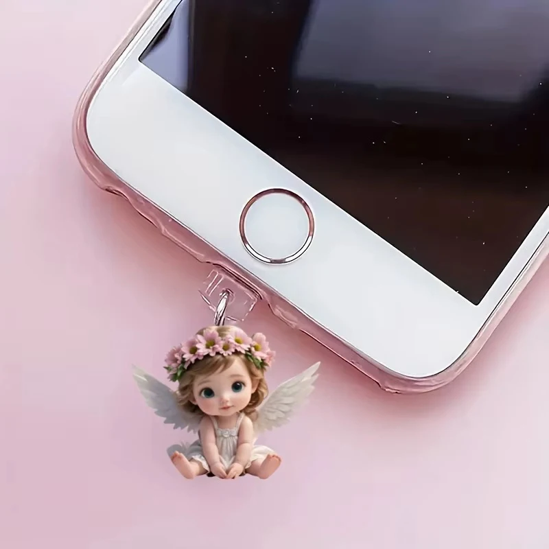 

1 Piece For Phone Interface Dust Plug Hanging Decoration 2D Flat Acrylic Angel Fairy Cat Phone Dust Plug Decorative Accessories