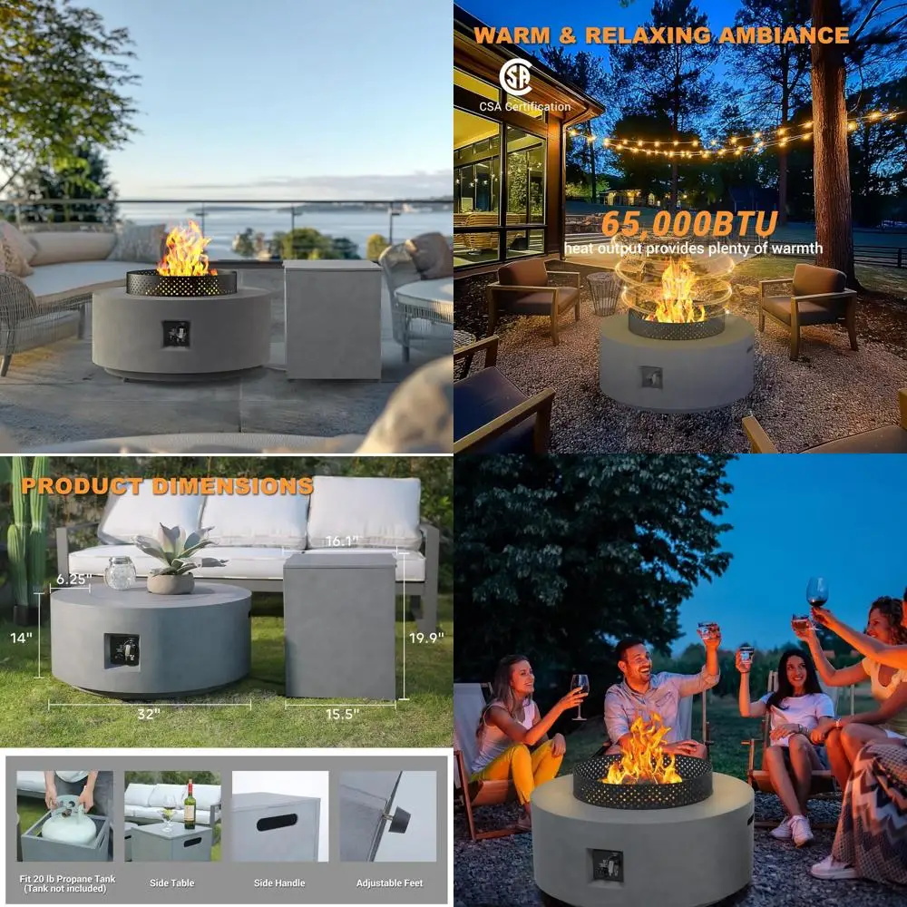 

Round Outdoor Propane Gas Fire Pit Table with Wind Guard, 32 Inch Diameter, 3-Piece Set, 65000 BTU, Side Tank Access, Weather Re