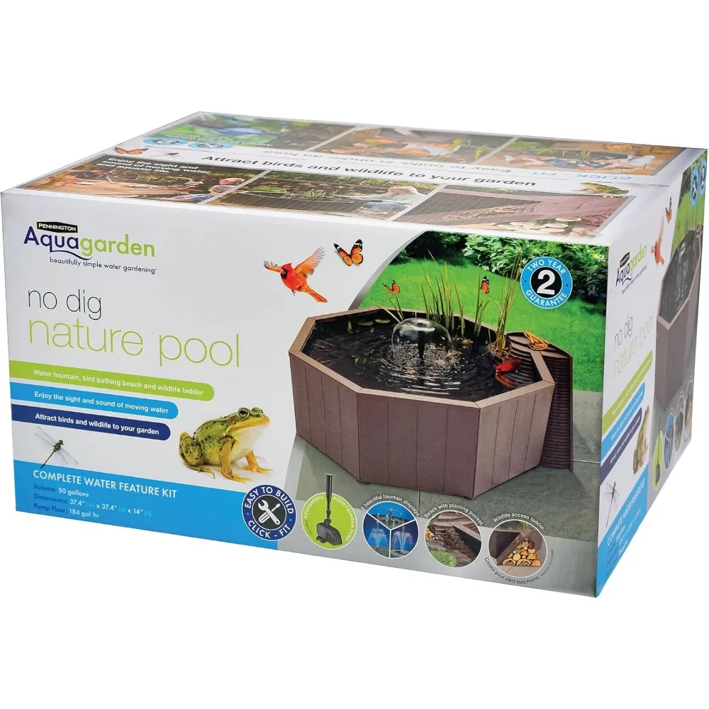 No Dig Nature Pool, Complete Water Feature Kit, Includes Pond Structure, Liner, Fountain Pump, Nature Ladder, Planting Pocket