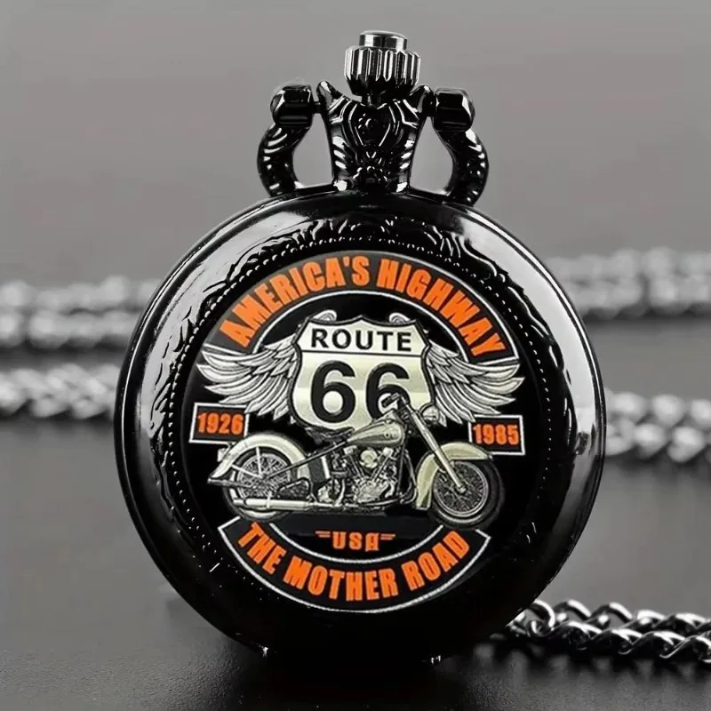 Classic Route 66 America Highway Motorcycle Pocket Watch Vintage Steampunk Style Quartz Pocket Watch with Chain Necklace
