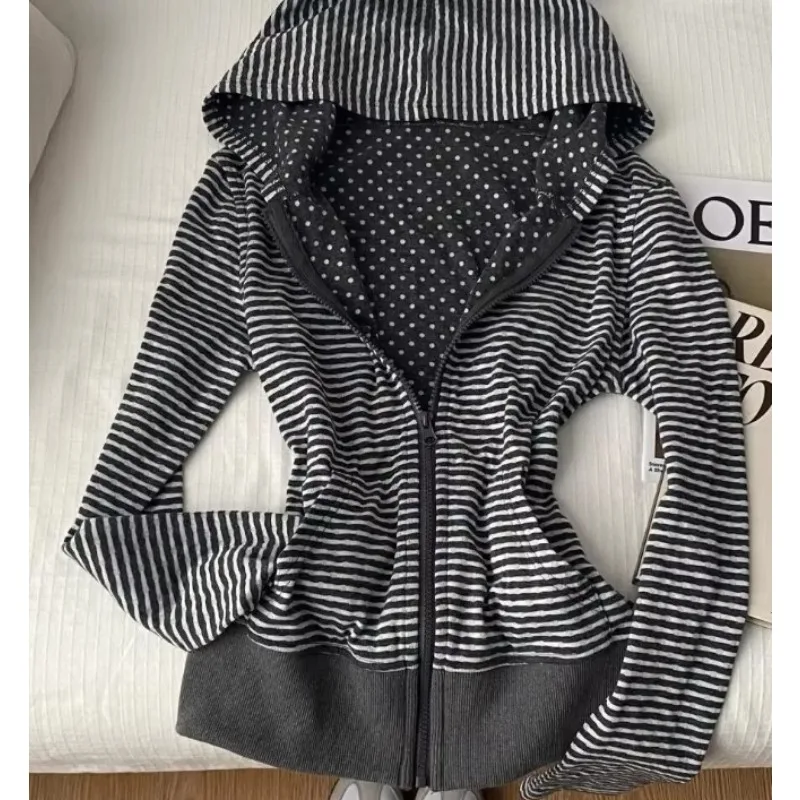Women Autumn Gothic Striped Zip Up Hooded Cardigan Vintage Long Sleeve Slim Fit Hepburn Style Sweatshirt New Arrival