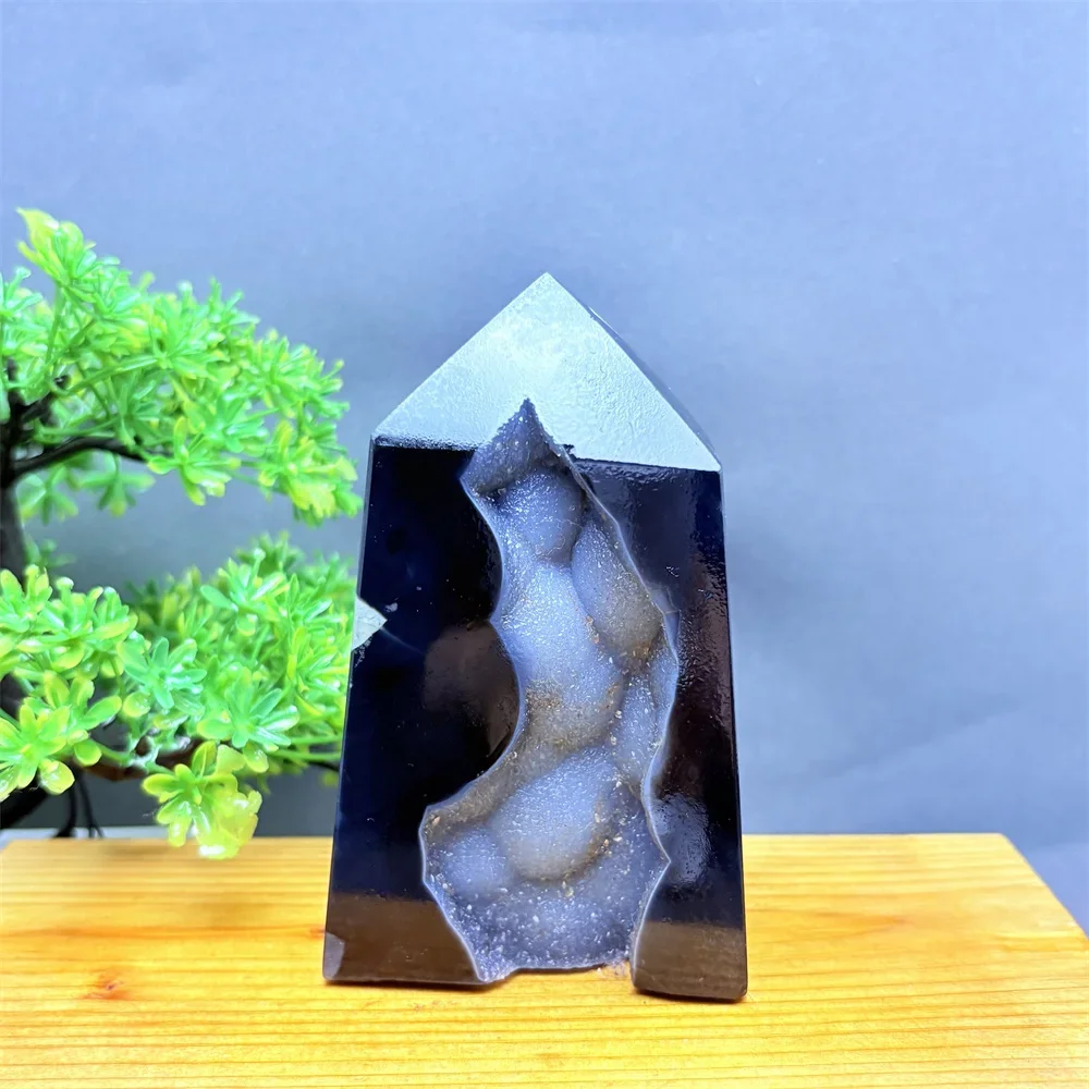 Natural Gemstone Black Onyx Group Geode Crystal Tower Reiki Healing Obelisk Feng Shui Home Decor Holiday Party Gift Witchcraft
