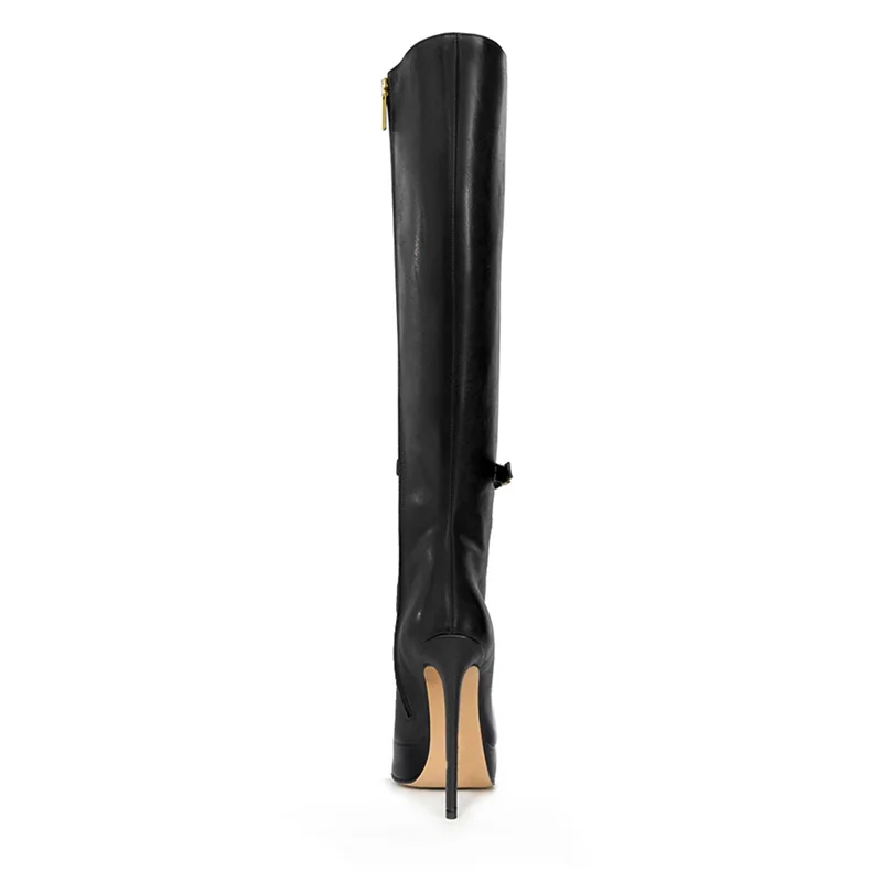 Metal Decoration Platfrom Leather Long Boots Sexy Pointed Toe Solid Zipper Accept Customized New Arrivals Fashion Women Boots