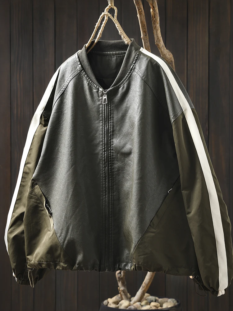 เสื้อคลุมผู้หญิงแบบสวมสบาย คอตั้ง ทรงหลวม ผ้าหนัง PU สีสันสดใส ติดซิป ยาวคลุมเข่า