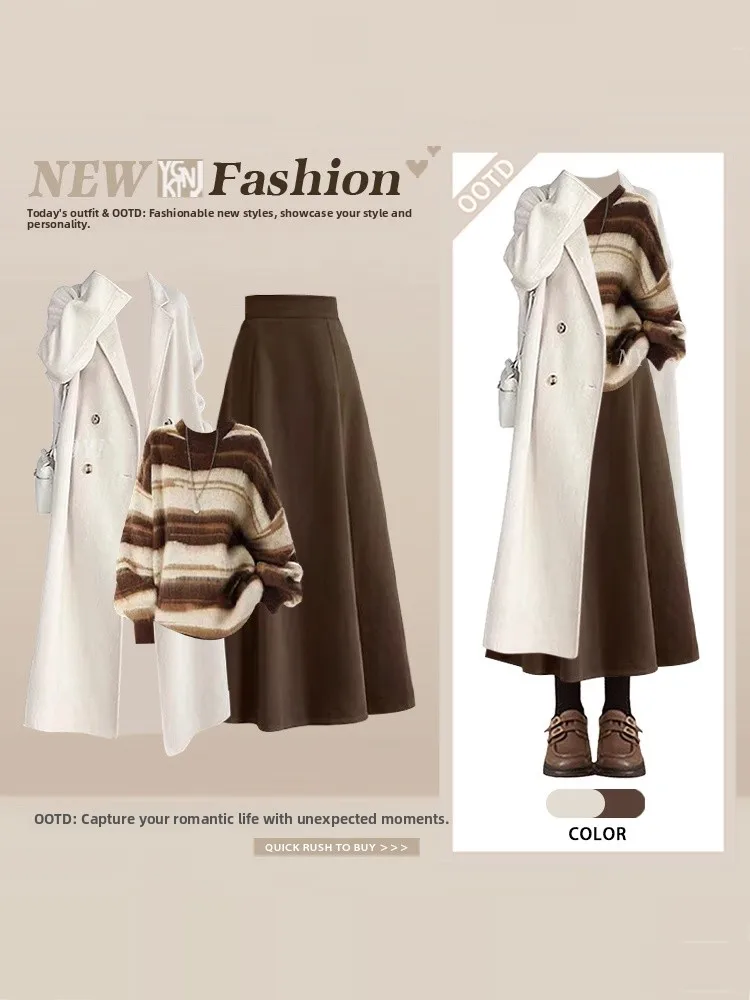 

Winter High Waist Half Body Skirt Set Women's Korean Style Knitted Stripe Jacket Three Piece Set Fashionable Commute Style