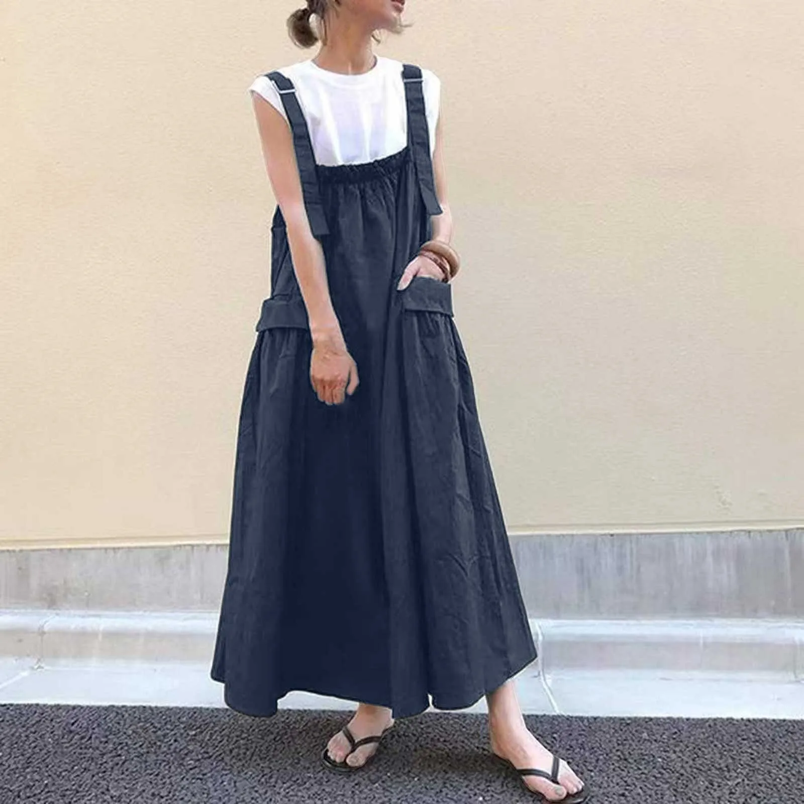 Summer Elegant Overalls Dress Oversized Sundress Women Vintage Straps Solid A-Line Denim Blue Vestidos Fashion Work Harajuku