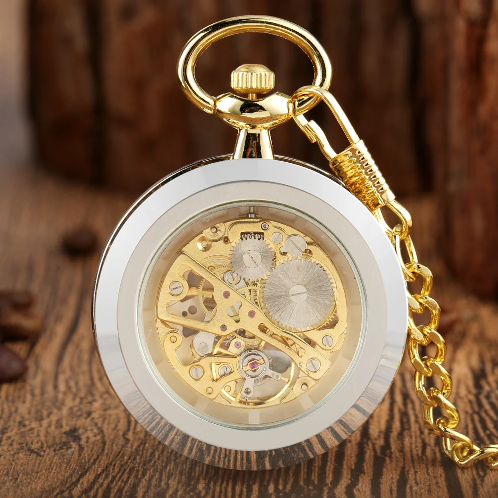 Open Face Transparent Skeleton Mechanical Pocket Watch Men Elegant Charm Roman Numerals Display Dial Hand Winding Pocket Clock