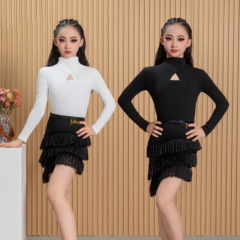 

Kids Latin Dance Clothes Autumn Winter Girls Practice Wear Long Sleeves Tops Black Lace Cake Skirt Competition Clothing BL17157