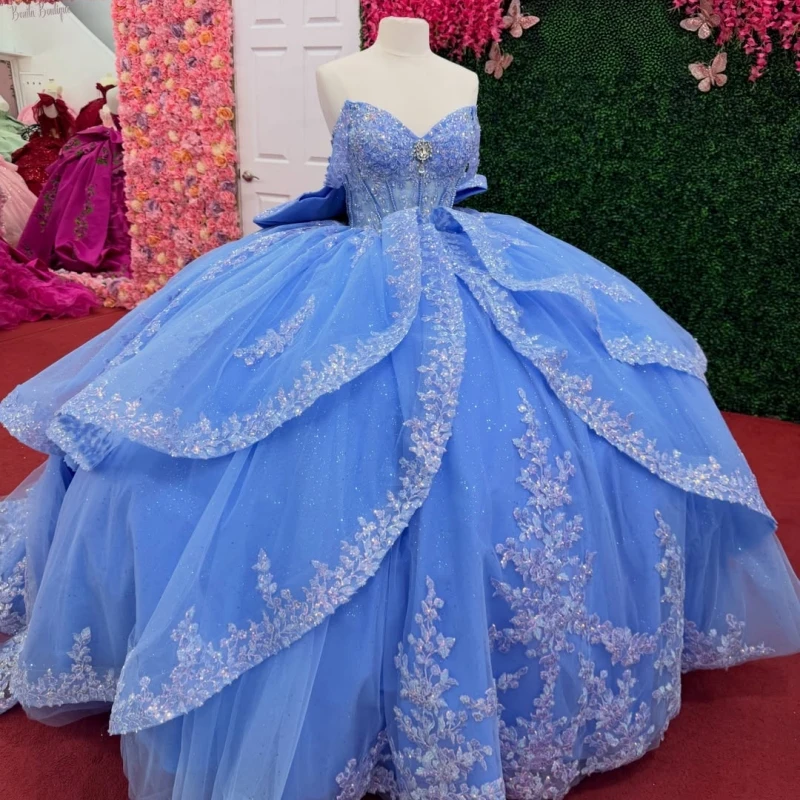 Blue Glitter Quinceanera Dresses Off Shoulder Ball Gown Sweet 16 Dress Applique Lace Beading Bow Tull Party Birthday Vetidos 15