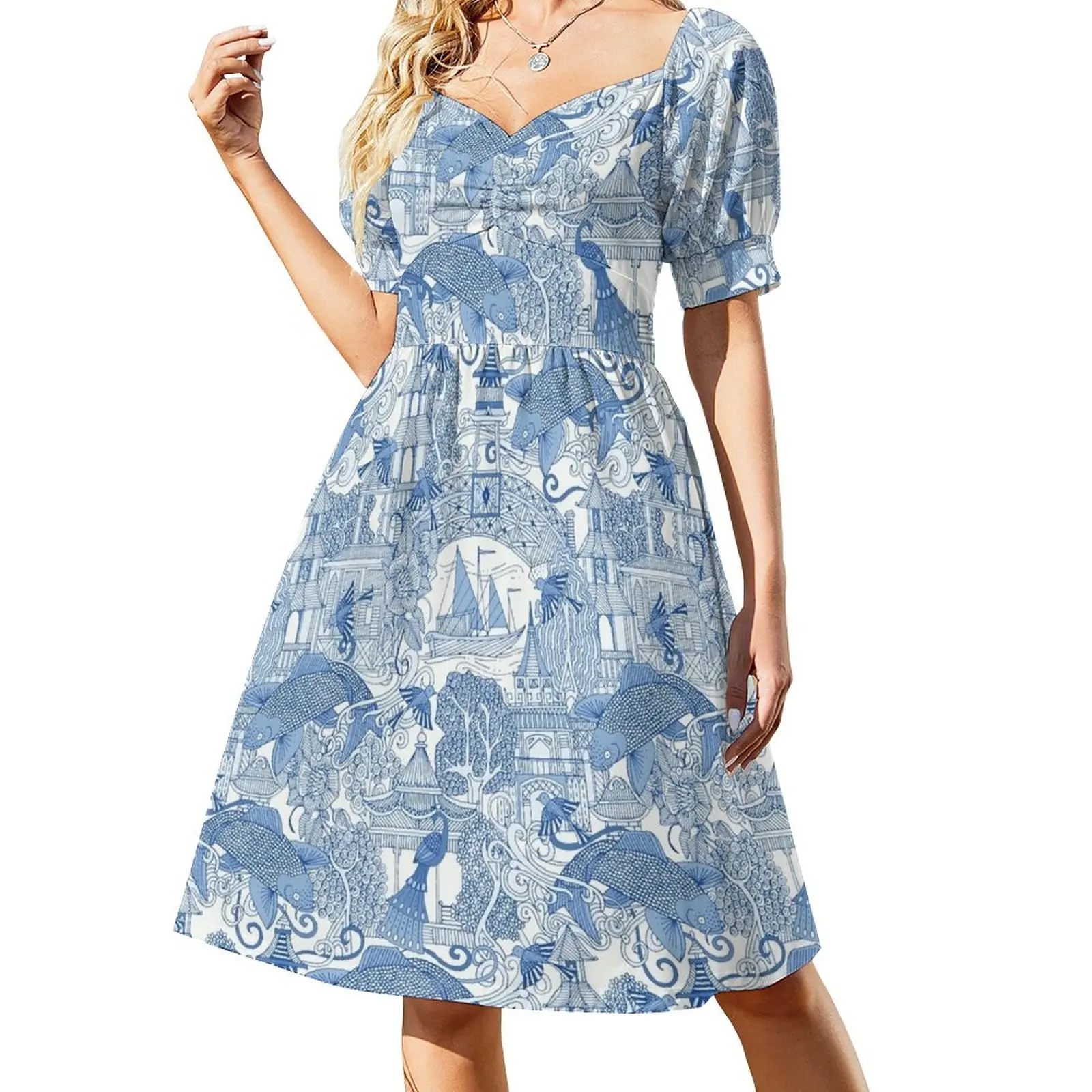 

chinoiserie toile blue Dress women's elegant loose dresses dress korean style