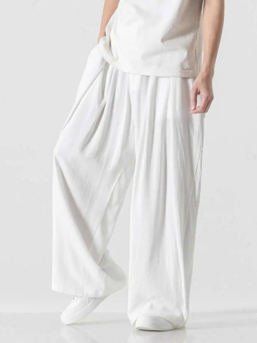 

Летние мужские повседневные брюки из хлопка и льна, прямые, широкие, свободные, длинные, с высокой талией, тонкие, однотонные, модные