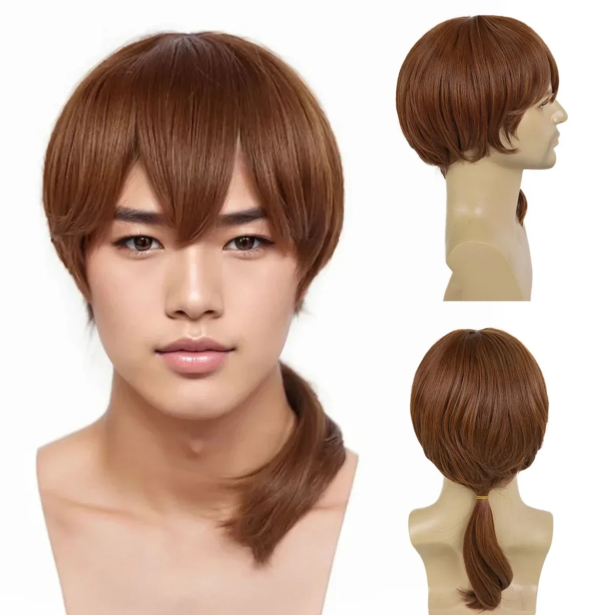 Perucas longas marrons para homens, cabelo sintético, peruca cosplay com franja, fantasia de anime, festa, nakahara chuya, perucas para homens, coser reto