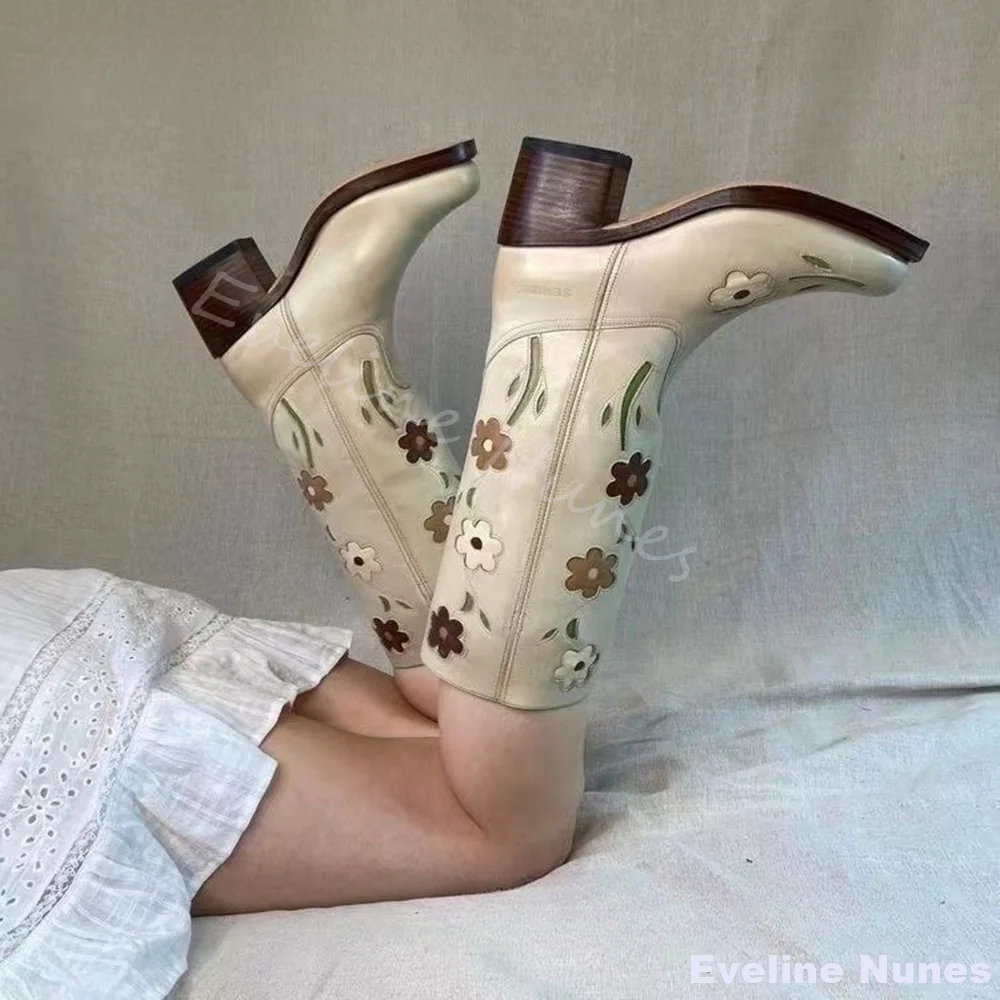 

Embroidered Mixed Colors Western Cowboy Boots Women Square Toe Chunky Heel Slip On Flower Knee High Boots 2025 Retro Knight Boot