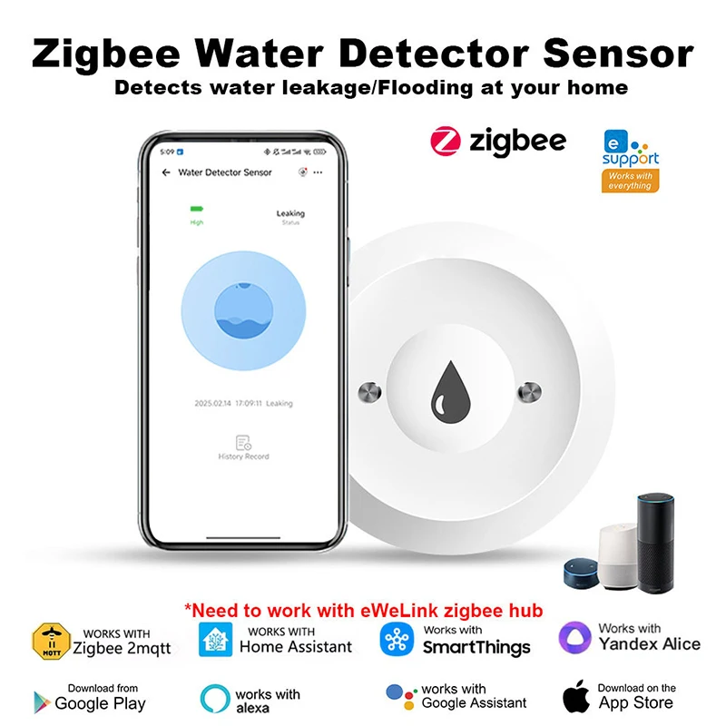 The water immersion detector supports 2MQTT leak detection sensors and works with Tuya Zigbee Gateway.