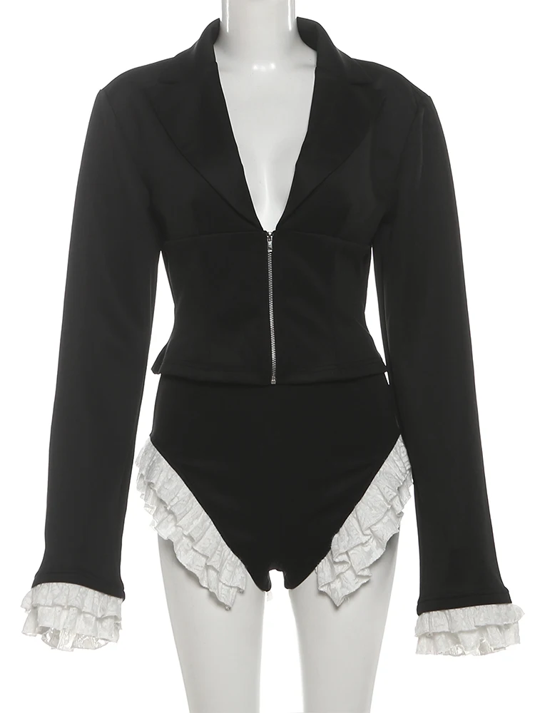 Leosoxs-Conjunto de 2 piezas de encaje de retales, chaqueta clásica elegante y sexi con cuello en V profundo + pantalones cortos de cintura alta, ropa de calle informal a juego