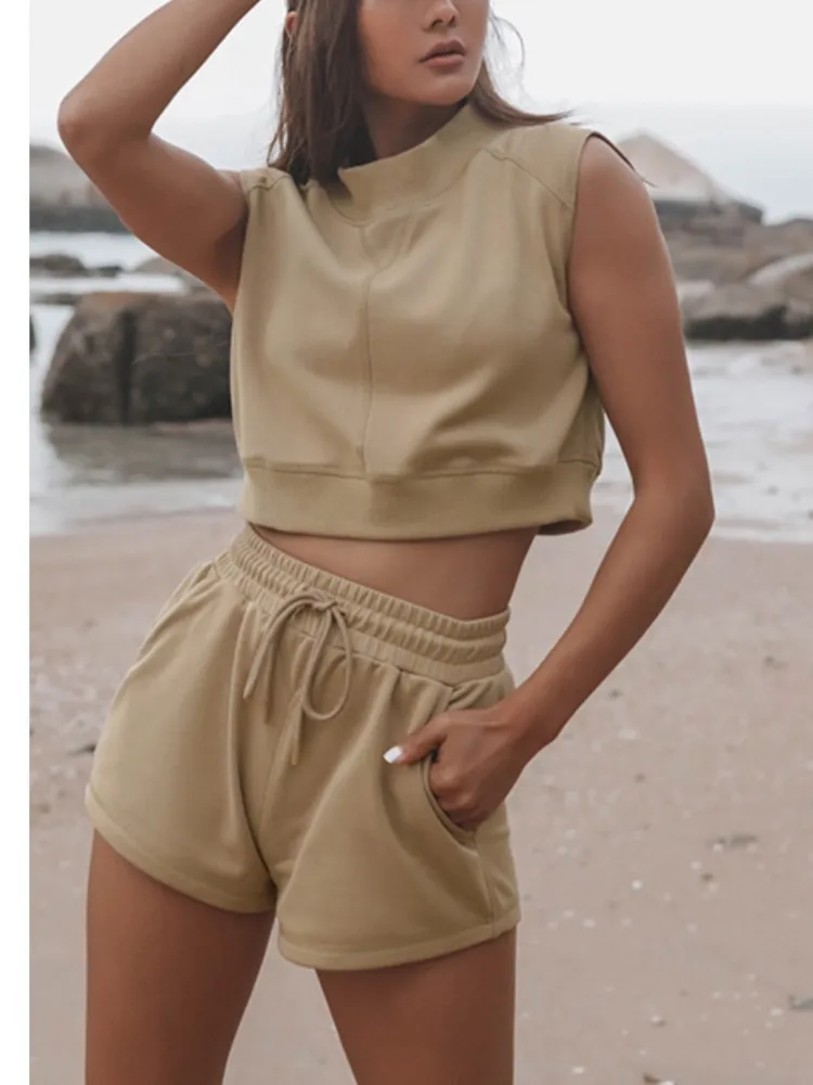 

Personality Street Style Casual Vest Drawstring Shorts Two-piece Set Women's Elegant Comfortable Simple Solid Color Shorts Set