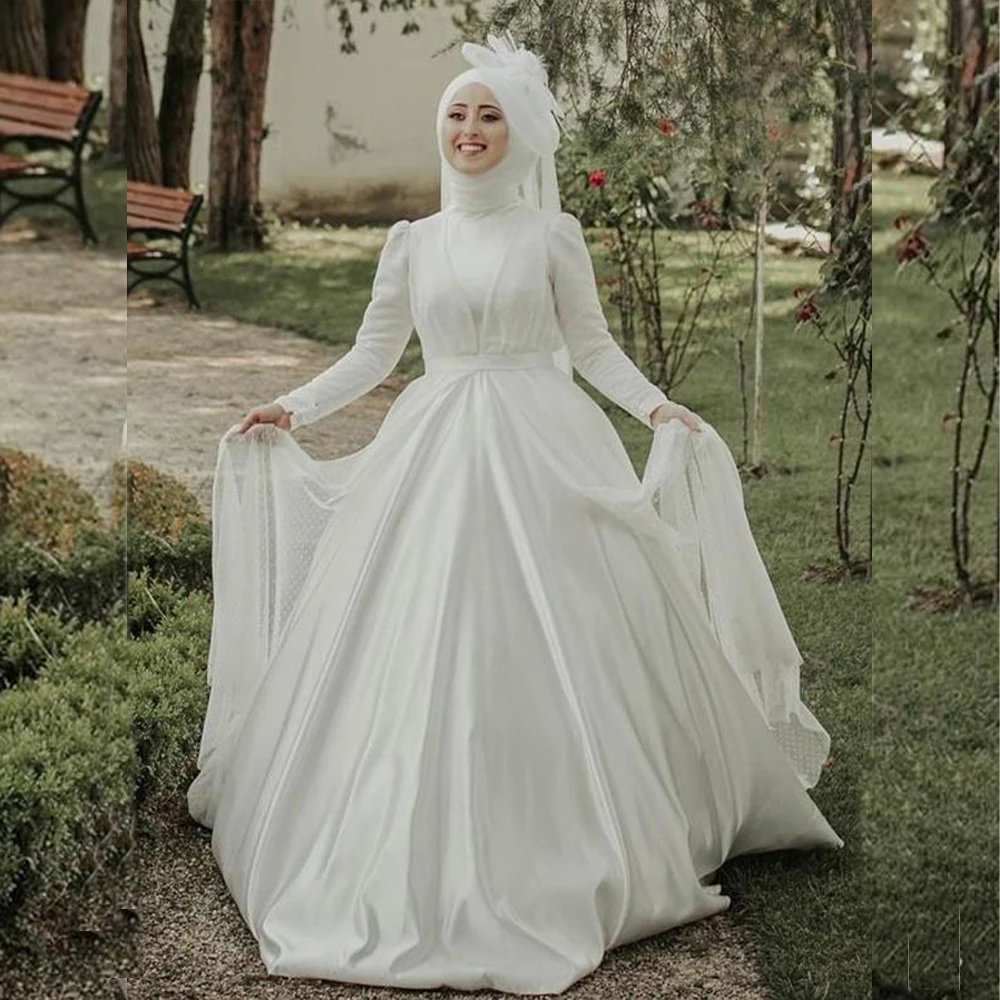 

Veiled Muslim Wedding Dress with Hijab High Neck Long Sleeve Bride Dress Pleat A Line Bridal Gown Vestidos De Novia Customized