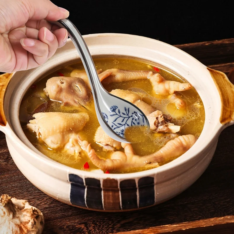 ABXF-4 قطع ملاعق أرز صينية كلاسيكية آسيوية مقبض منحني ملعقة شوربة رامين ملاعق زهور مطلية بمقبض طويل