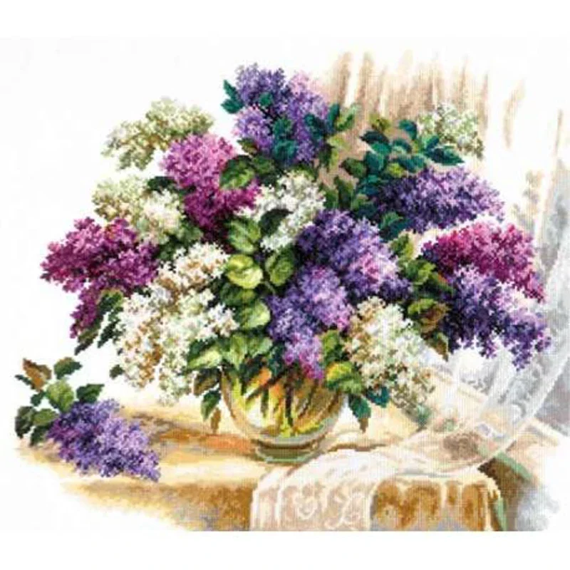 Amishop Top Quality Beautiful Counted Cross Stitch Kit Lilac Lilacs Purple Flower Flowers At Windowsill