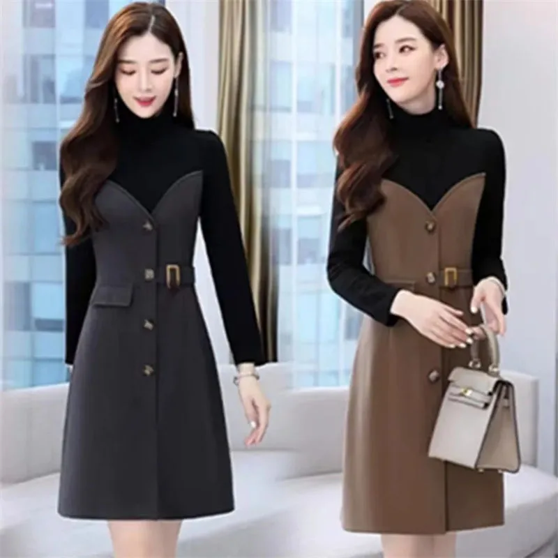 

Female Woolen Vestidos Korean Ladies Fashion Half High Collar Maxi Dress Spring Autumn Women Casual Long Dresses