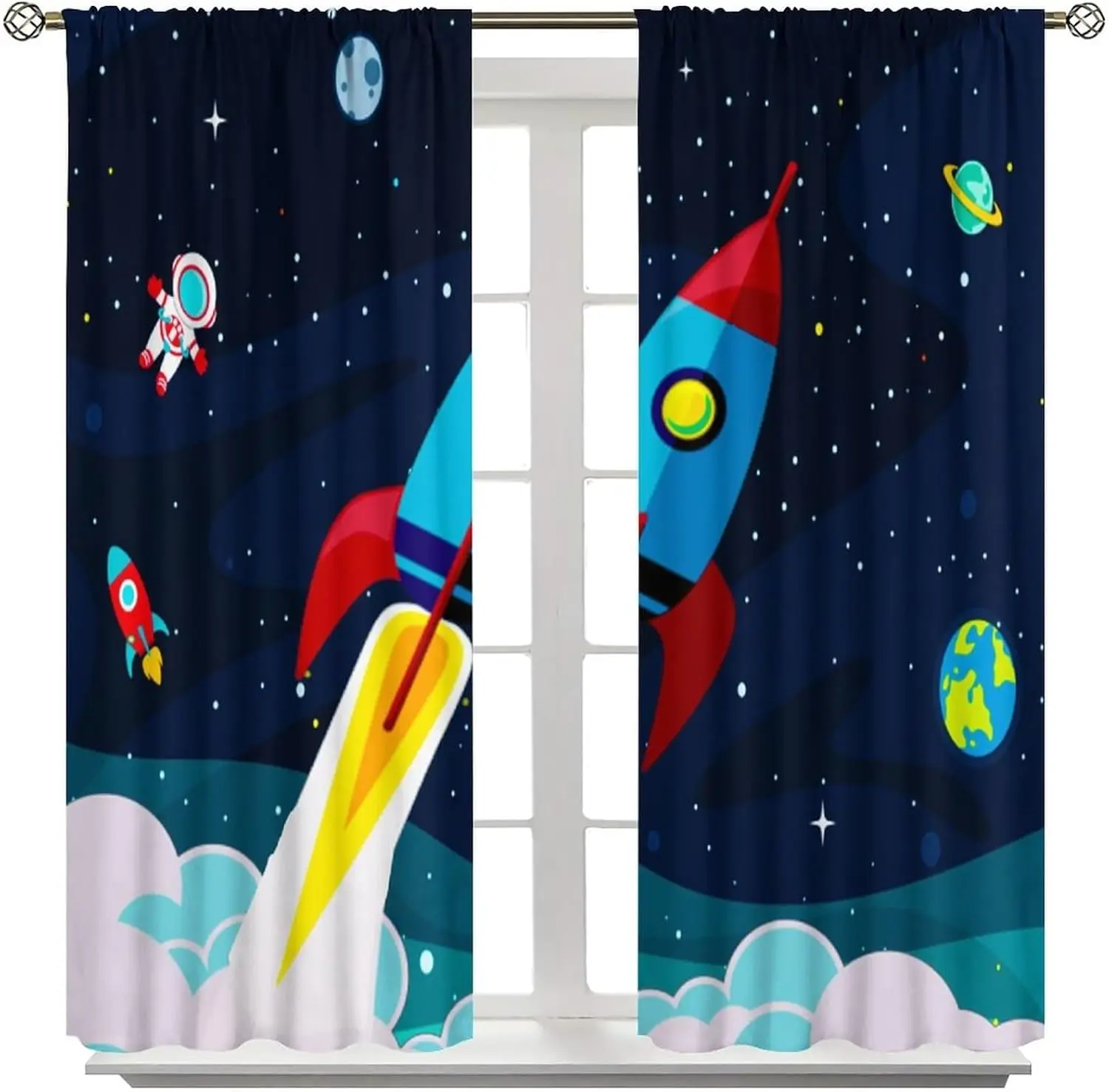 Funny Cartoon Galaxy Astronaut Rocket Curtains, Outer Space Planet Print Drapes for Boys Baby Nursery Bedroom Living Room Decor