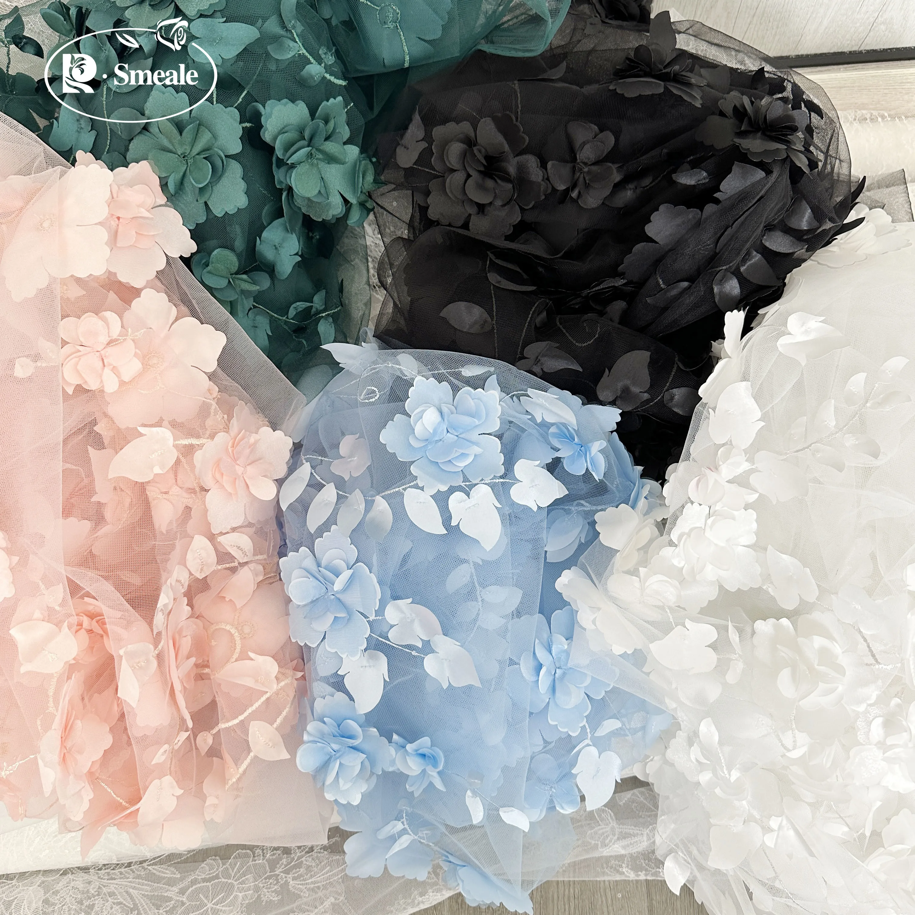 3D Flower Laser Satin Cloth, Lace Wedding Dress, DIY Accessories, Black Fabric, Hand Applique, Mesh Fabric, RS2937