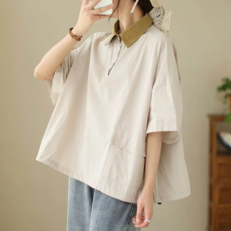 Cotton Linen Shirts for Women Half Sleeve Pullover Shirts Retro Solid Loose Casual Korean Fashion Polo-neck Blouse Women Tops