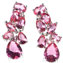 4.2g Real 925 Solid Sterling Silver Earrings 27.5x12mm Pink Tourmaline London Blue Topaz