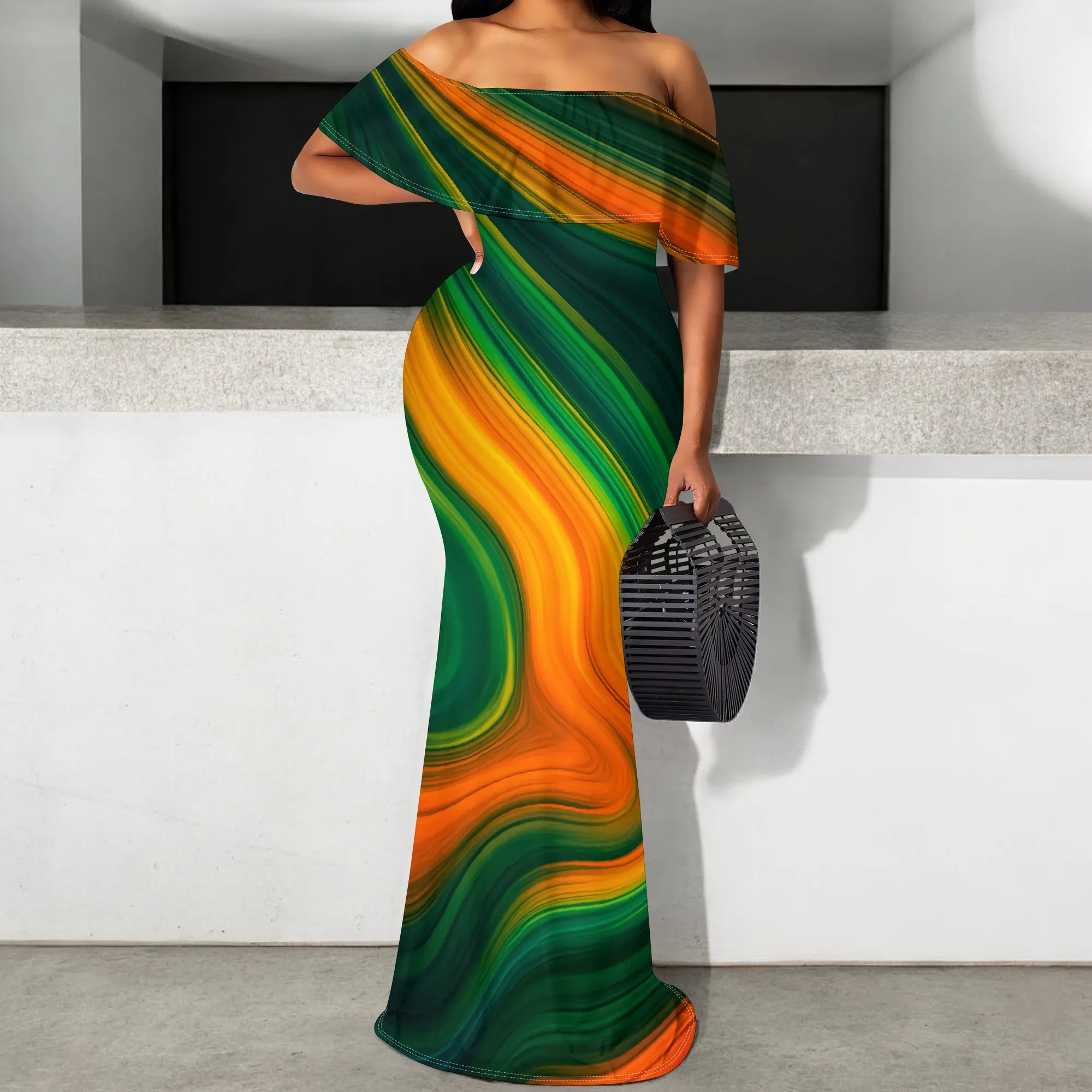 

Green Orange Swirl Print Maxi Dress S-3XL Off Shoulder Ruffle Style for Music Festival, Cruise Party or Summer Night Look