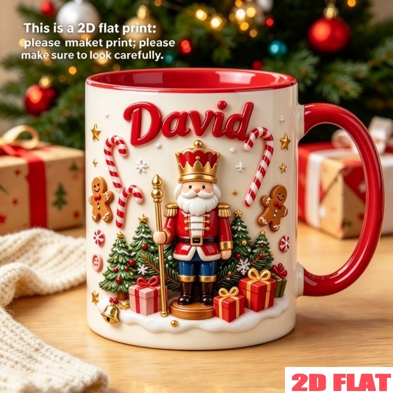 Custom Nutcracker Ceramic Coffee Mug 11oz Personalized Name Text 2D Print Crown Scepter Gingerbread Candy Cane Microwave Safe Ch