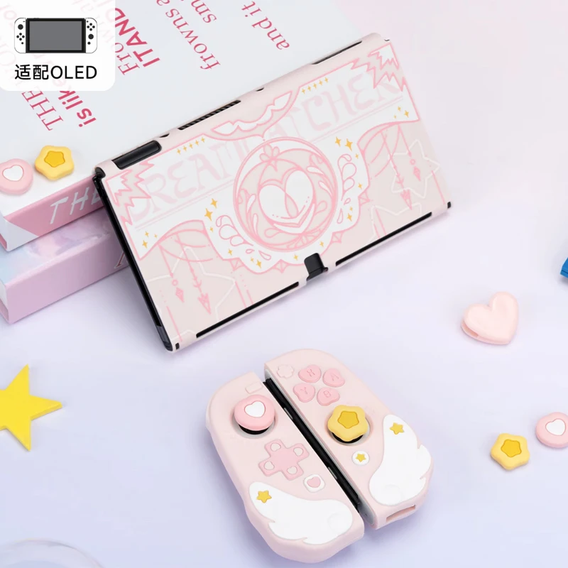 Pink Love Star Hard Case Protector Skin For Nintendo Switch/NS Oled Joy-Con Controller TPU Soft Hand Grip Shell Thumb Cap Cover