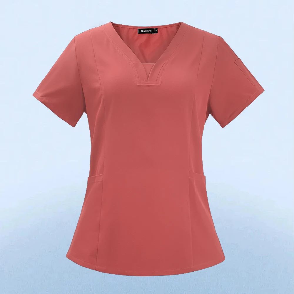 Wholesale Fashion Scrub Tops Hospital Doctor Nurse Working Uniform Solid Color Unisex Surgical Gown V-neck Scrubs Top for Women