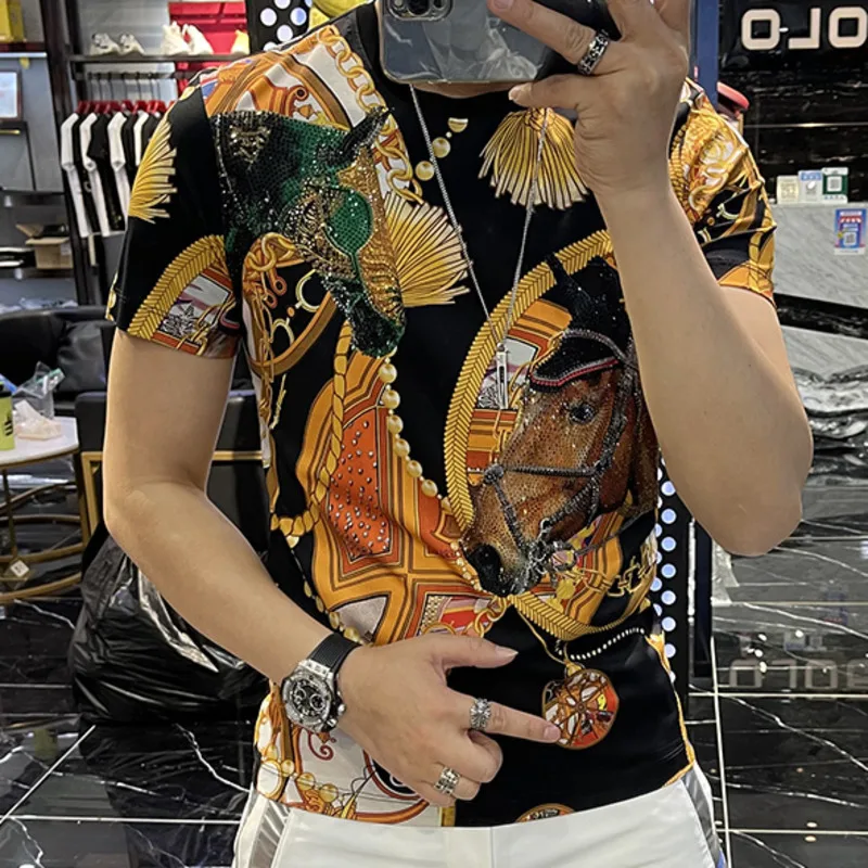 Korean Black Gold Slim Fit Hot Drilling Printing Luxury Animal Tide Brand Rhinestones Short Sleeve T-shirt Men 2022 Summer Top