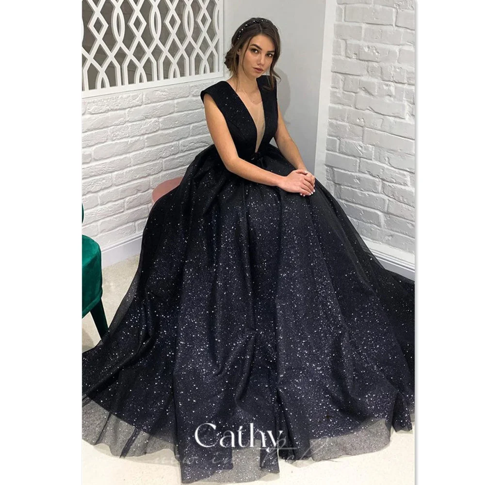 Cathy Black V-neck فساتين السهرة Sexy Open Back Prom Dress 2023 Sleevless Party Dresses V-neck Ball Gown Vestidos De Noche