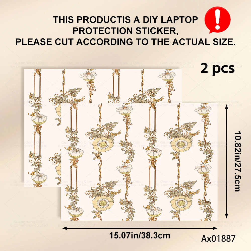 2PCS Vintage Floral Vine Laptop Skin Cut-to-Fit Protective Stickers for 13-17 Inch Laptops Self-Adhesive Retro Laptop Decals