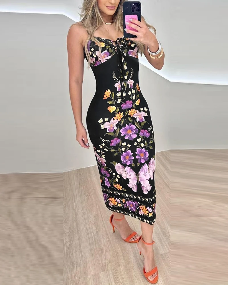Flower print V-neck long suspender dress for women, fashionable and sexy, summer 2025 new women's clothing