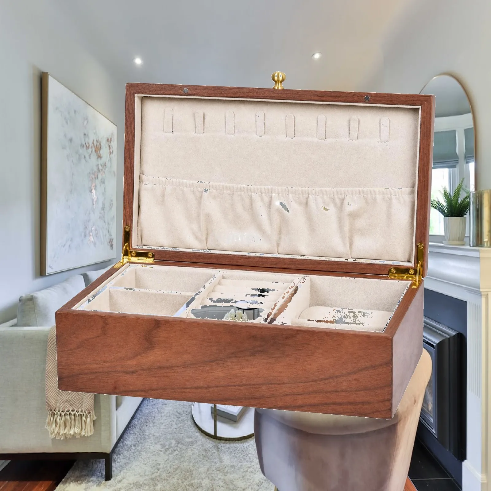 Walnut-Toned Jewelry Box with Fabric Sporty Compact Tabletop Jewelry Box with Hinged Lid Elegant Handmade for Bedroom