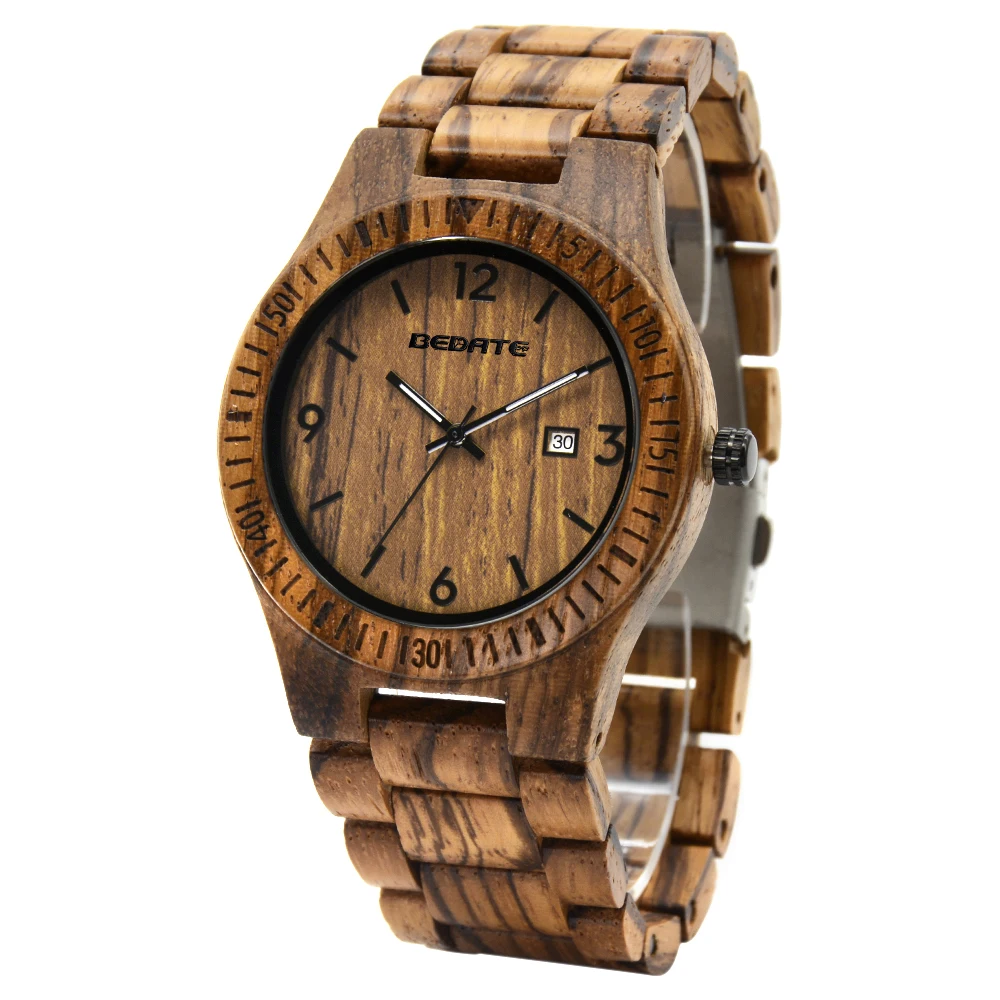 Men Handmade Wood Quartz Watch Luminous Markers Date Calendar Lightweight Casual Wooden Wristwatch