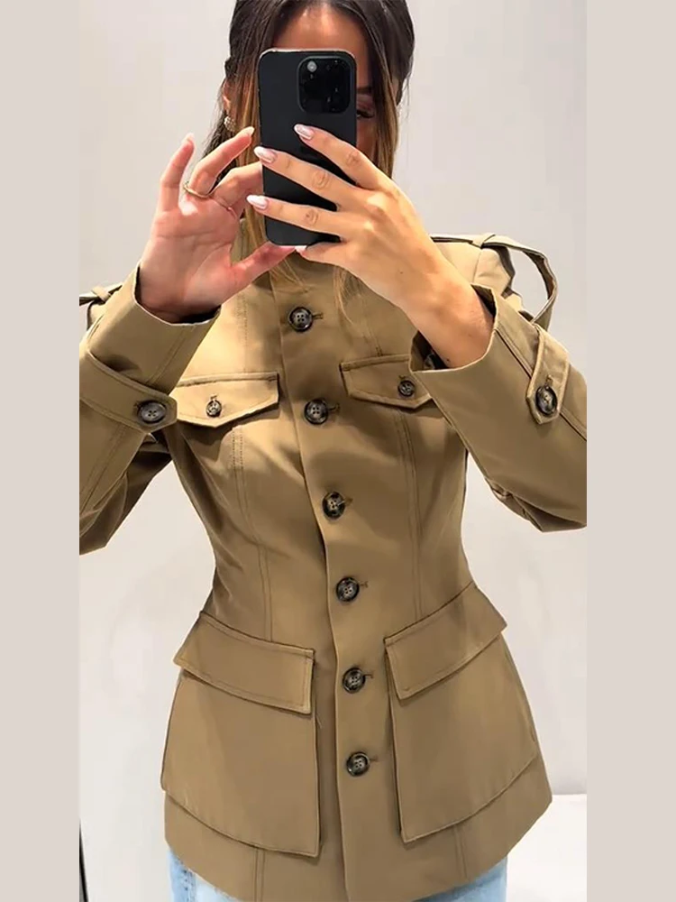 Pocket Stand Collar Long Sleeves Jacket Woman Single Breasted Solid Color Waist Cinching Jackets Versatile Women’s New Jackets 2 Pocket Stand Collar Long Sleeves Jacket Woman Single Breasted Solid Color Waist Cinching Jackets Versatile Women's New Jackets 2