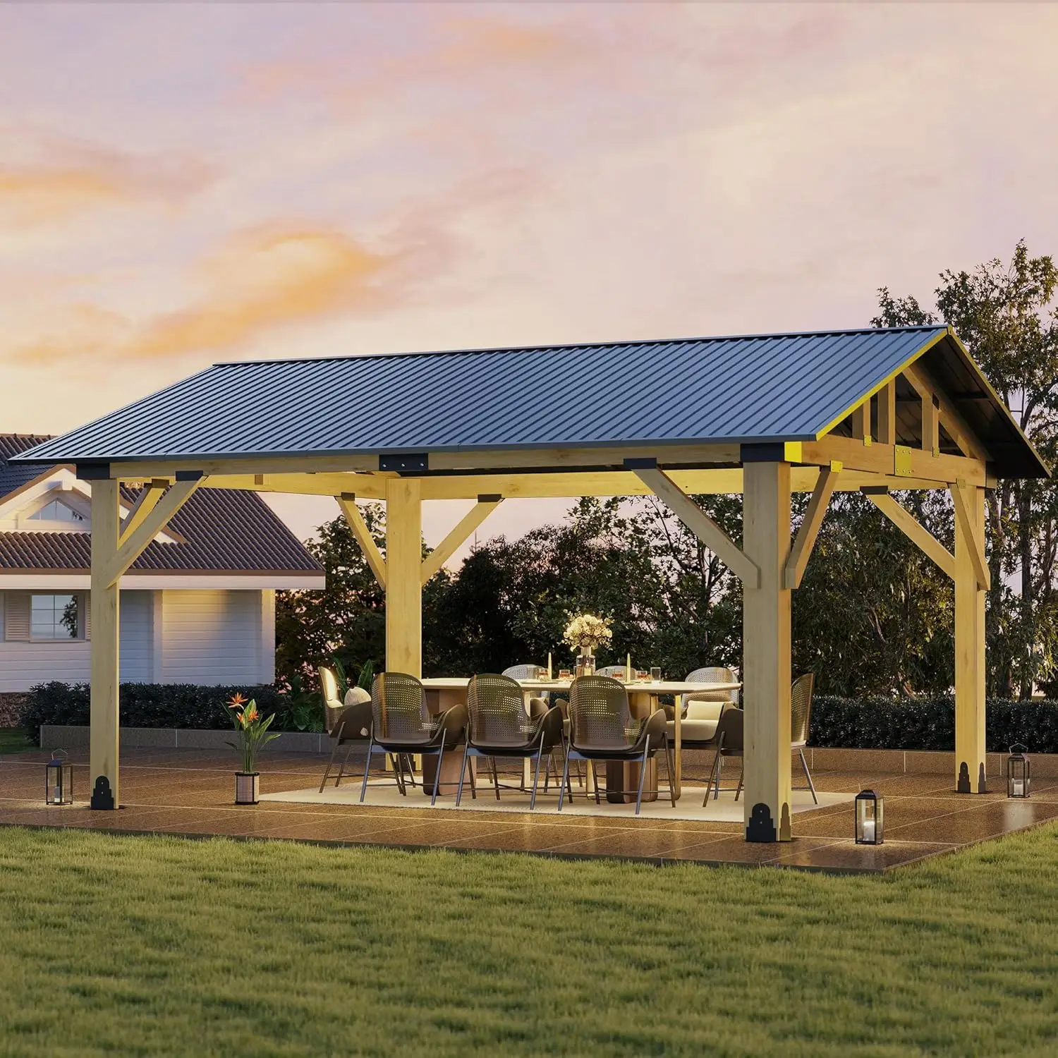 

13' x 15' Wood Hardtop Gazebo Galvanized Steel Roof Cedar Frame Garden Patio Deck Custom