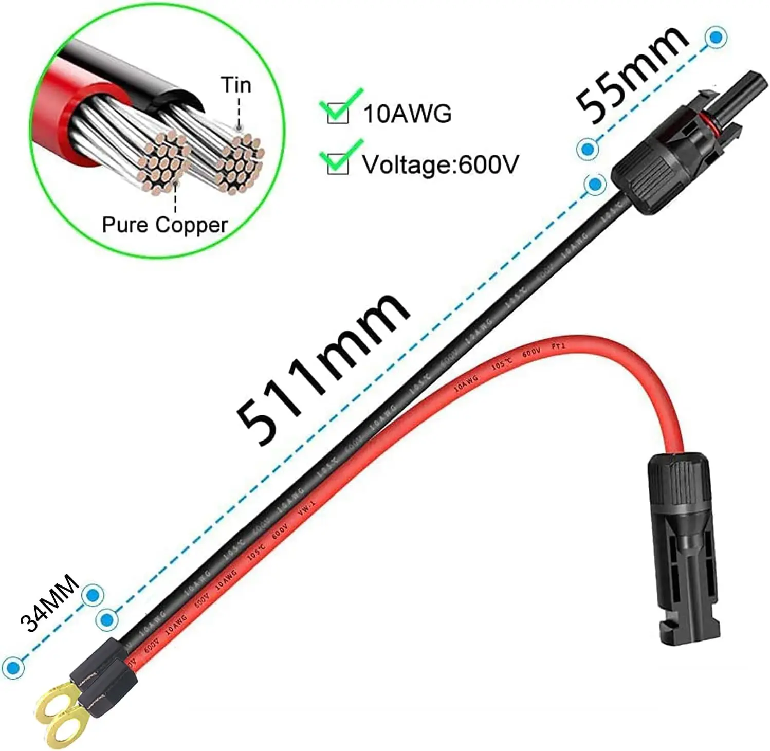Solar to O Ring Connecter,10AWG 60cm Solar Panel Adaptor Extension Cable,Solar Battery connectors for Solar Generator Inverter